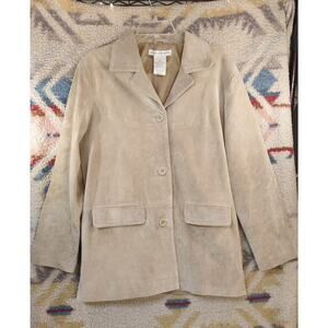 Jessica Holbrook Suede Leather Jacket Women M Beige Button Front Pockets Vintage